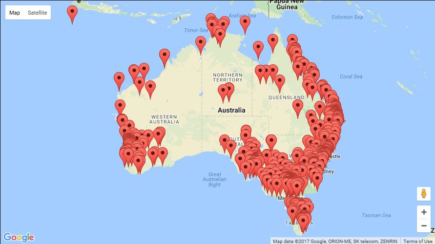 Map of Australia with pins showing event locations