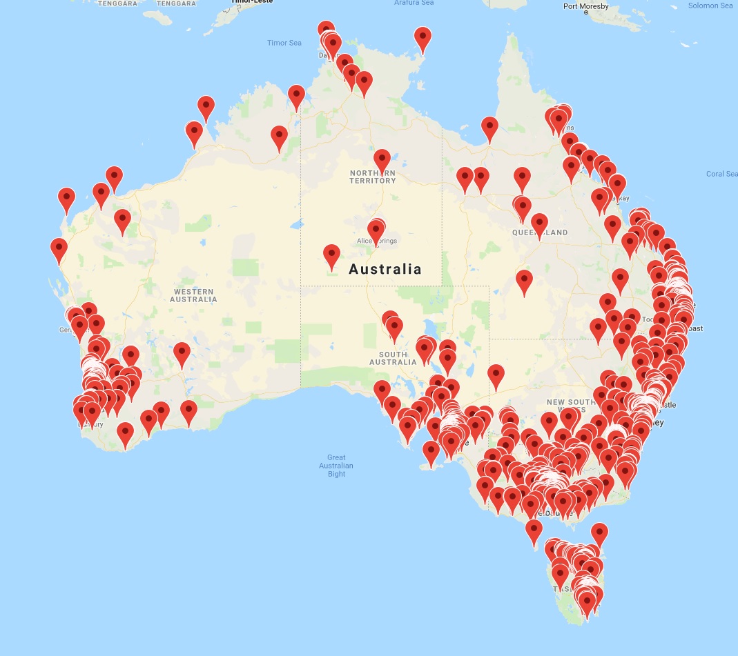 Map of Australia with pins showing locations of events