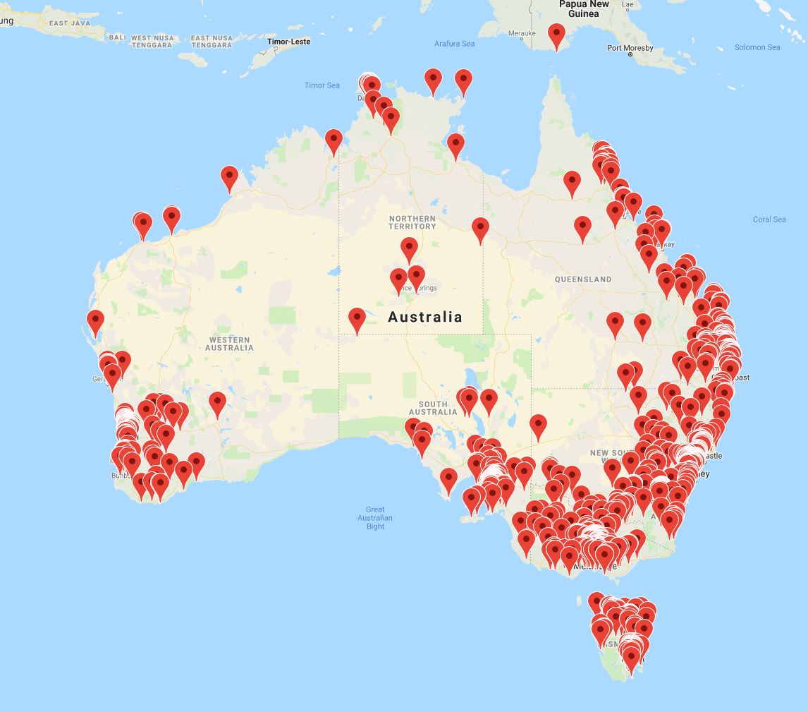 Map of Australia showing event locations