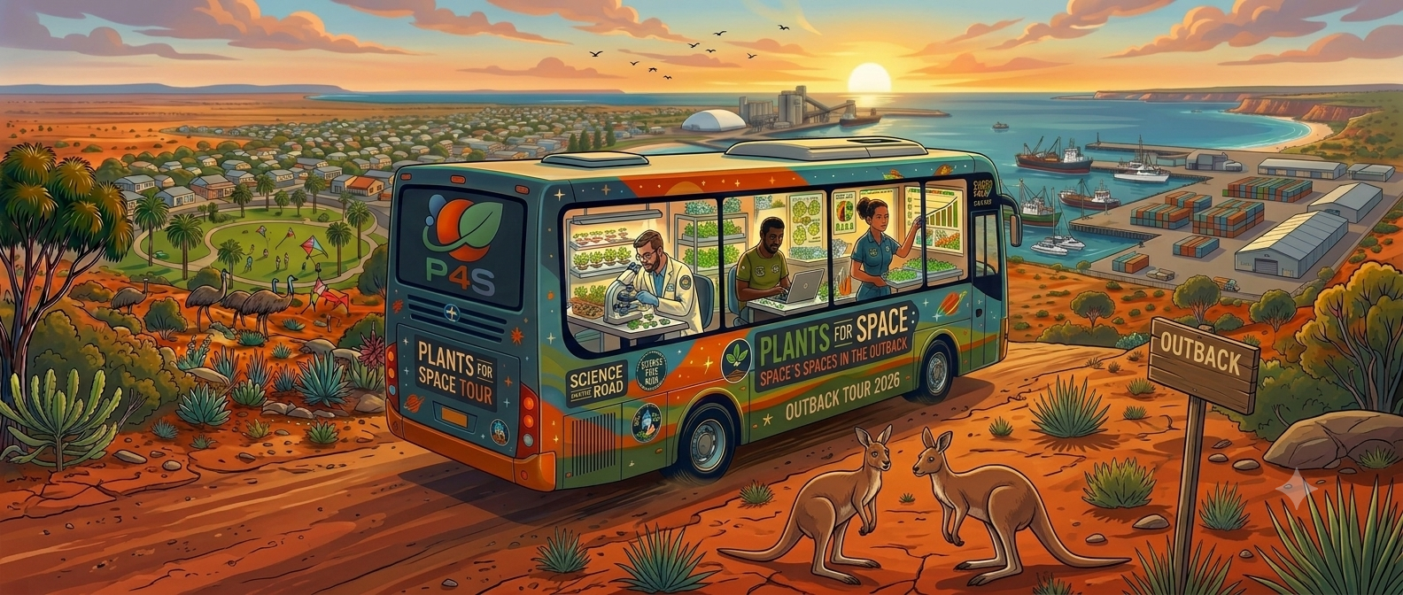 There is a bus driving down a dirt road overlooking the coastline. On the bus, there are the words plants for space, space's spaces in the outback. Outback tour 2026. There are 2 kangaroos to the right of the bus.